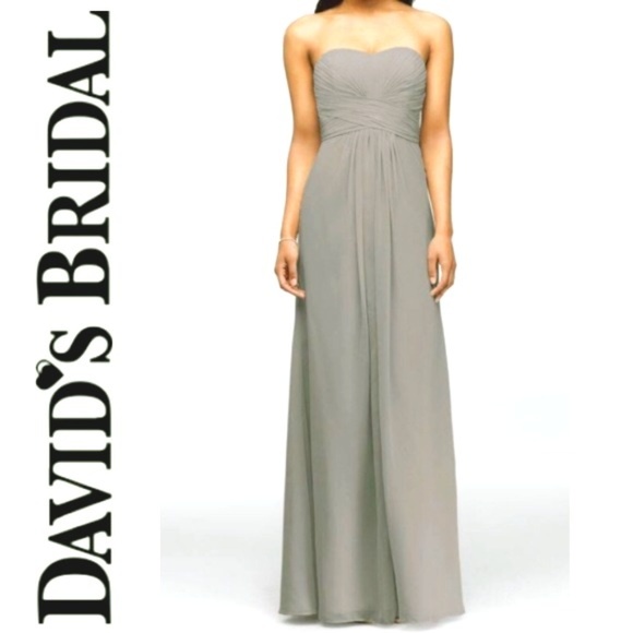 david's bridal long strapless chiffon dress and pleated bodice